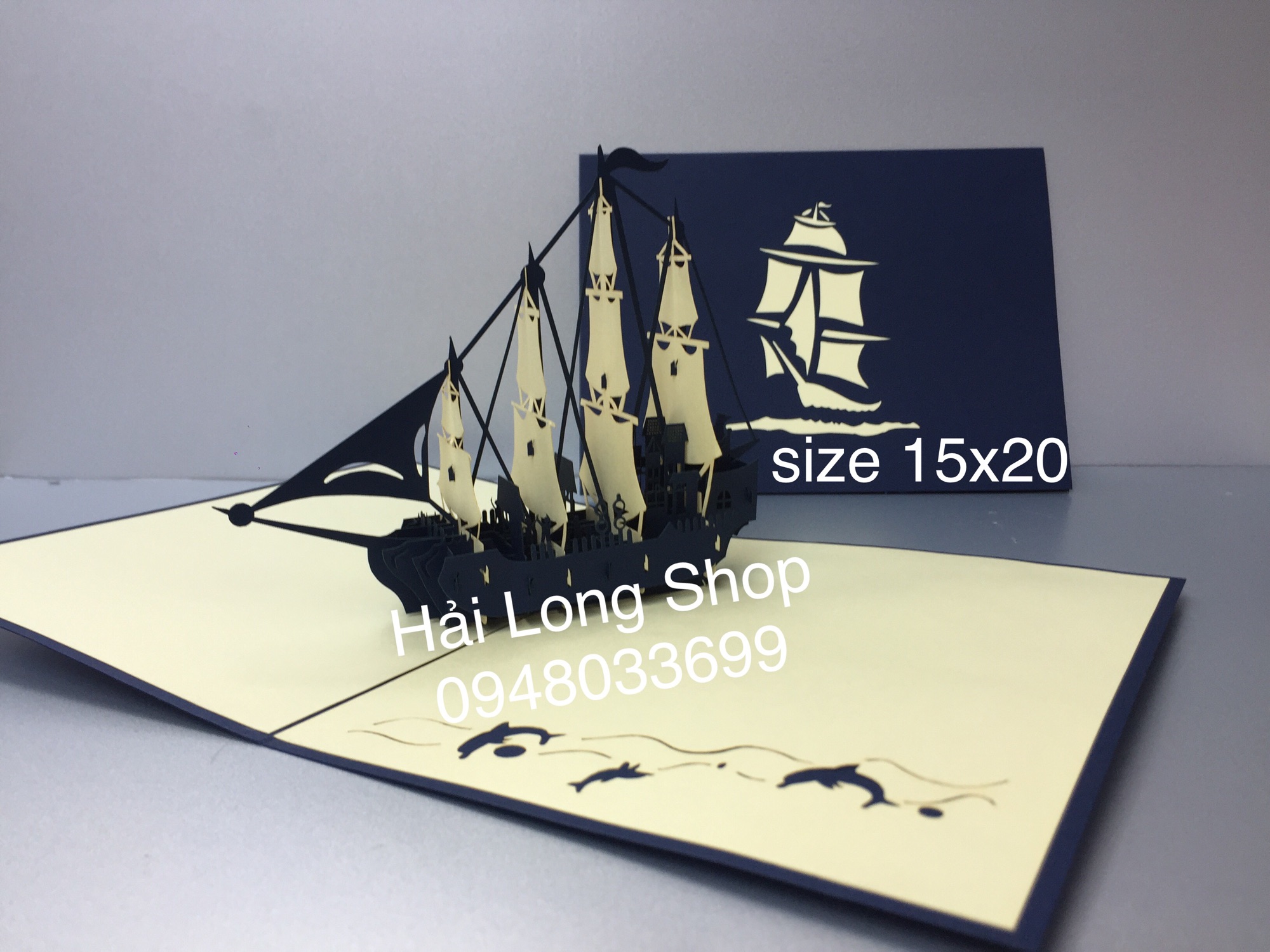 Thuyền 10   (4 cánh ) - Boat -  Thiệp 3D ( bìa xanh blue )