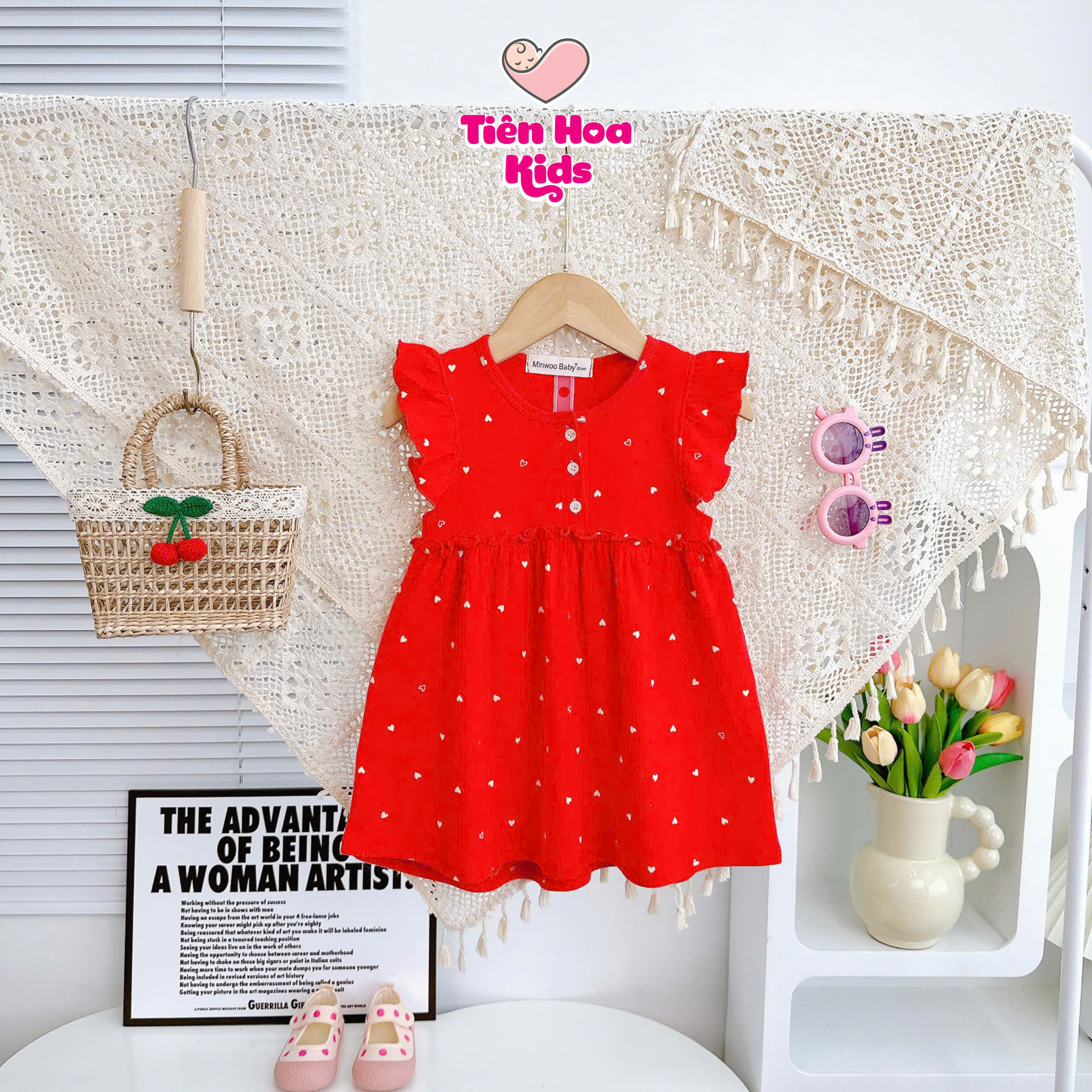 [Bé 7-19kg] Đầm Váy sát nách cánh tiên nút cài giữa cotton Bozip xuất dư mềm mịn mát cho bé gái mặc đi học đi chơi