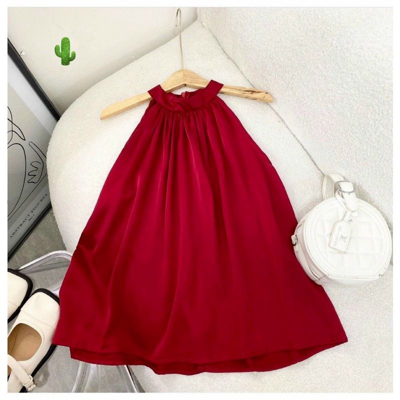 🎀 Áo kiểu cổ yếm đỏ tươi form xoè siêu xinh (có zíp sau), chất phi lụa mềm mịn🎀
