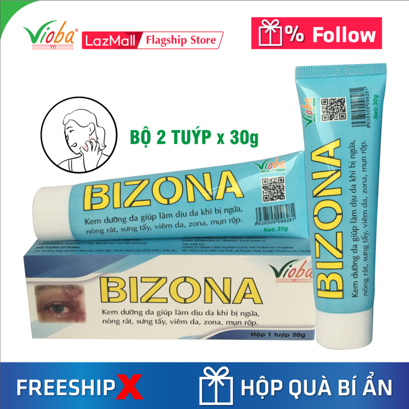 [2 tuýp] Kem chống dị ứng đông y, dưỡng da, giảm ngứa, dùng tốt khi bị zona, viêm da, mụn rộp. Tái tạo da, ngăn ngừa hình thành sẹo trong trường hợp bỏng nhẹ, vết côn trùng cắn, muỗi đốt. Kem bôi Bizona của Vioba, tuýp 30g giá rẻ