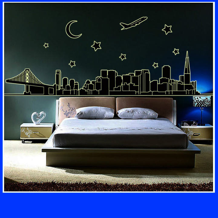 Decal dán tường DẠ QUANG Thành phố đêm trang trí phòng ngủ lãng mạn sáng tạo DDQ003