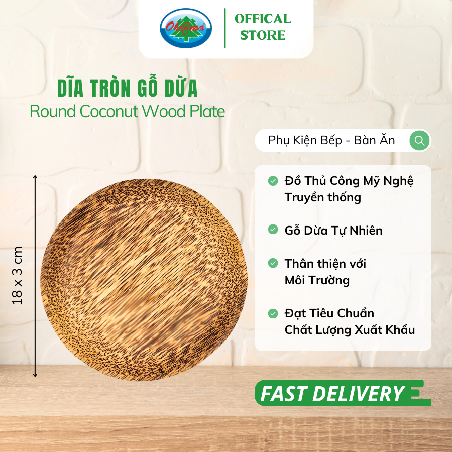 Dĩa Tròn Gỗ Dừa Ohiama Round Coconut Wood Plate - Đồ Dùng Bàn Ăn Nhà Bếp, Trang Trí Đồ Thủ Công, Tết
