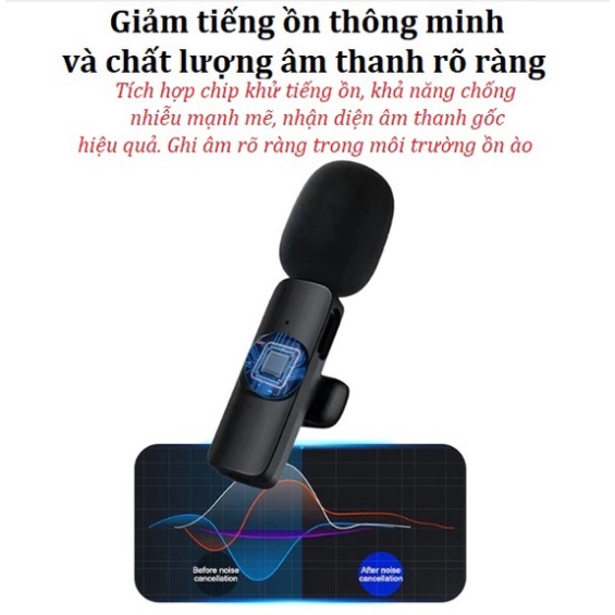 Micro thu âm không dây cài áo K9 - Khử Tiếng Ồn Cao Cấp - Khoảng Cách 20m - Chính Hãng