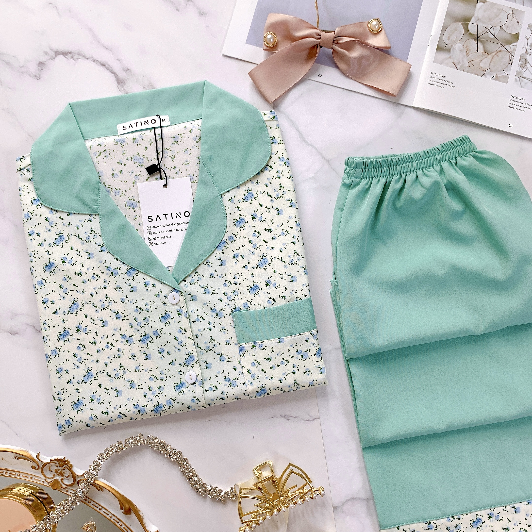 Pijama Tay ngắn quần dài Layla Mint [COMBO 3 BỘ 499K, 5 BỘ 779k ]
