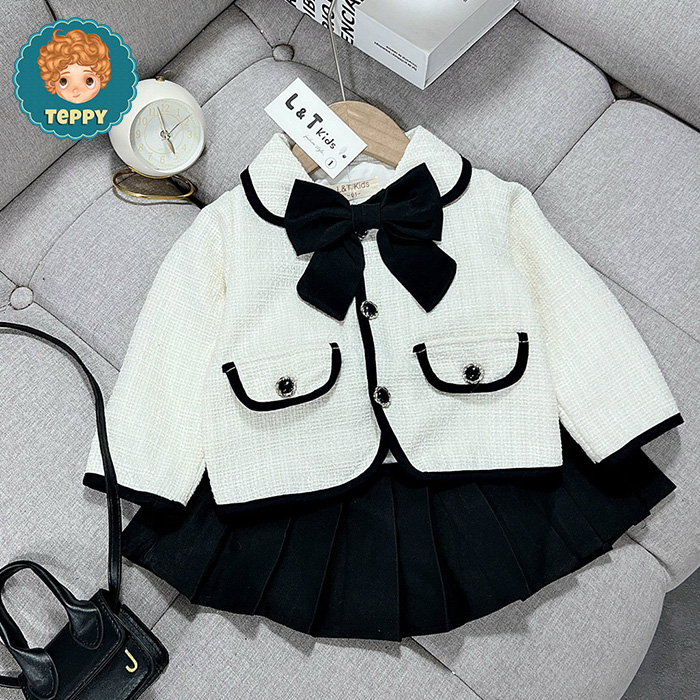 Set váy dạ tiểu thư nơ cổ cho bé gái (2 chi tiết)