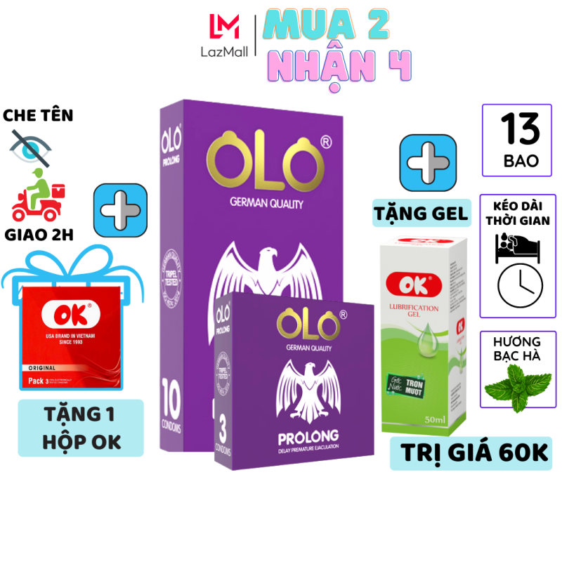 Combo 2 hộp 13 chiếc Bao cao su olo Prolong tặng 1 hộp OK + Gel bôi trơn kéo dài thời gian trơn truyền thống chống tuột tinh dầu bạc hà mát lạnh