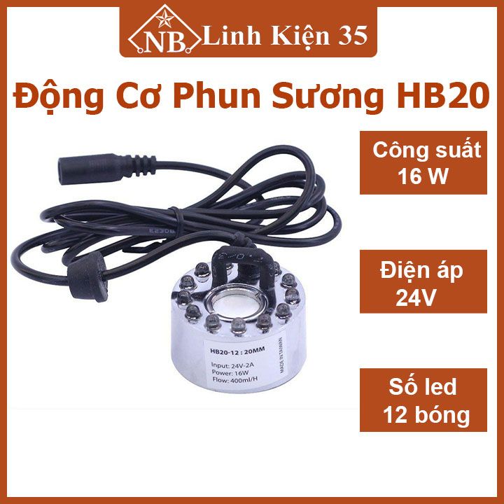 Động cơ phun sương HB20 24VDC 16W có led cực mạnh đầu phun 20mm lượng sương 400ml/h cho bể cá, hòn non bộ