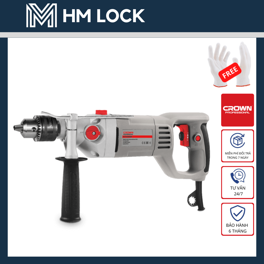 16MM MÁY KHOAN XUNG LỰC 1050W CROWN - TẶNG 2 MŨI KHOAN BÊ TÔNG - CHUYÊN KHOAN ĐỤC BÊ TÔNG, TƯỜNG, THÉP - CT10032 - HÀNG CHÍNH HÃNG - HM LOCK