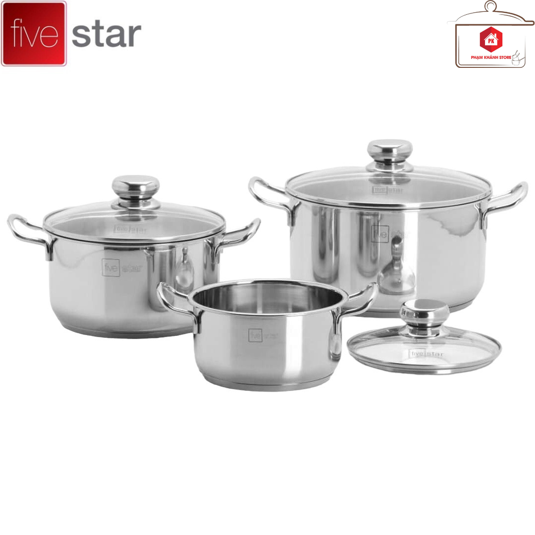 Bộ 3 nồi inox 430 fivestar standard 3 đáy bếp từ nắp kính fs06cg