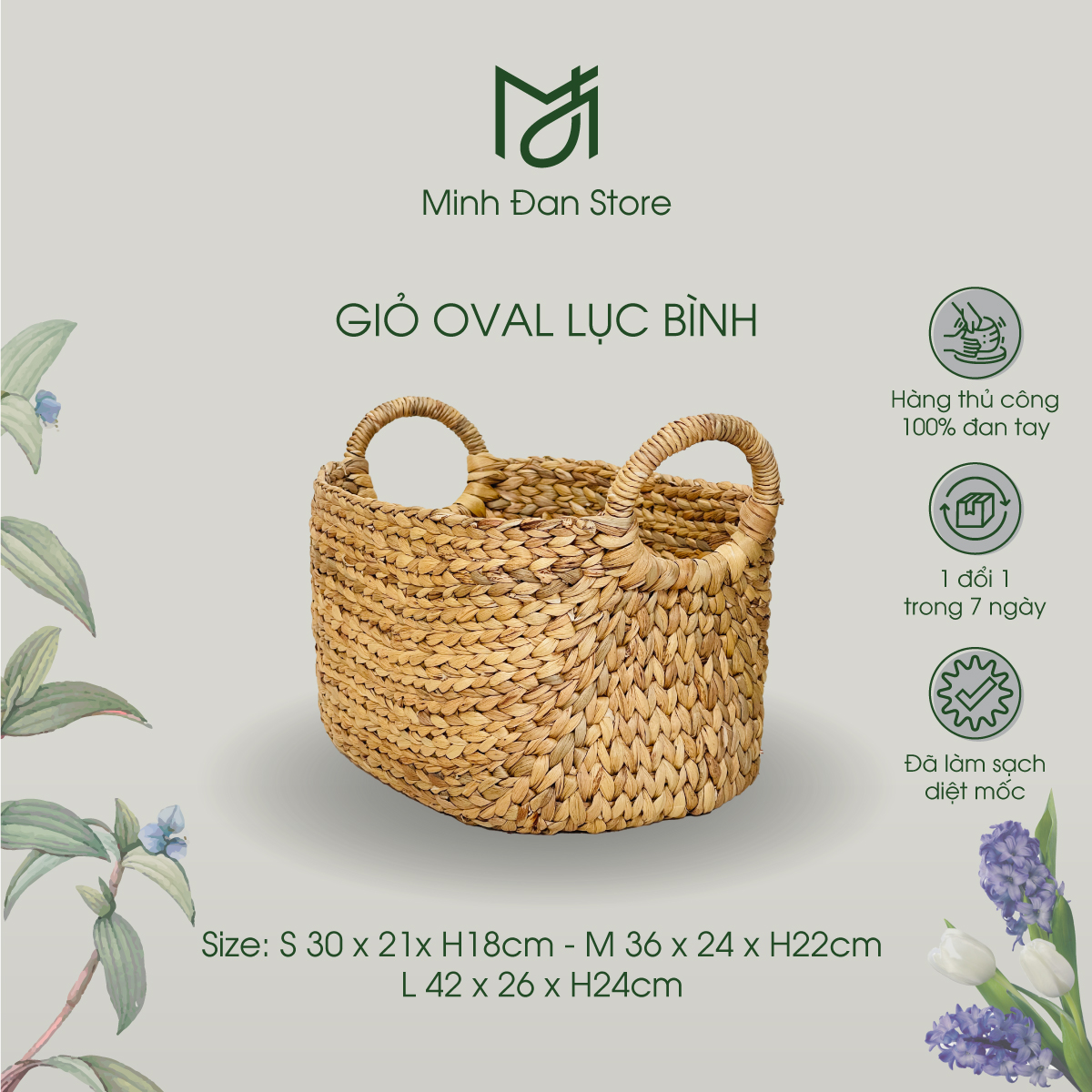 Giỏ đựng đồ hình Oval có quai tròn, giỏ lục bình đựng đồ đa năng, giỏ đựng đồ chơi trang trí nhà cửa