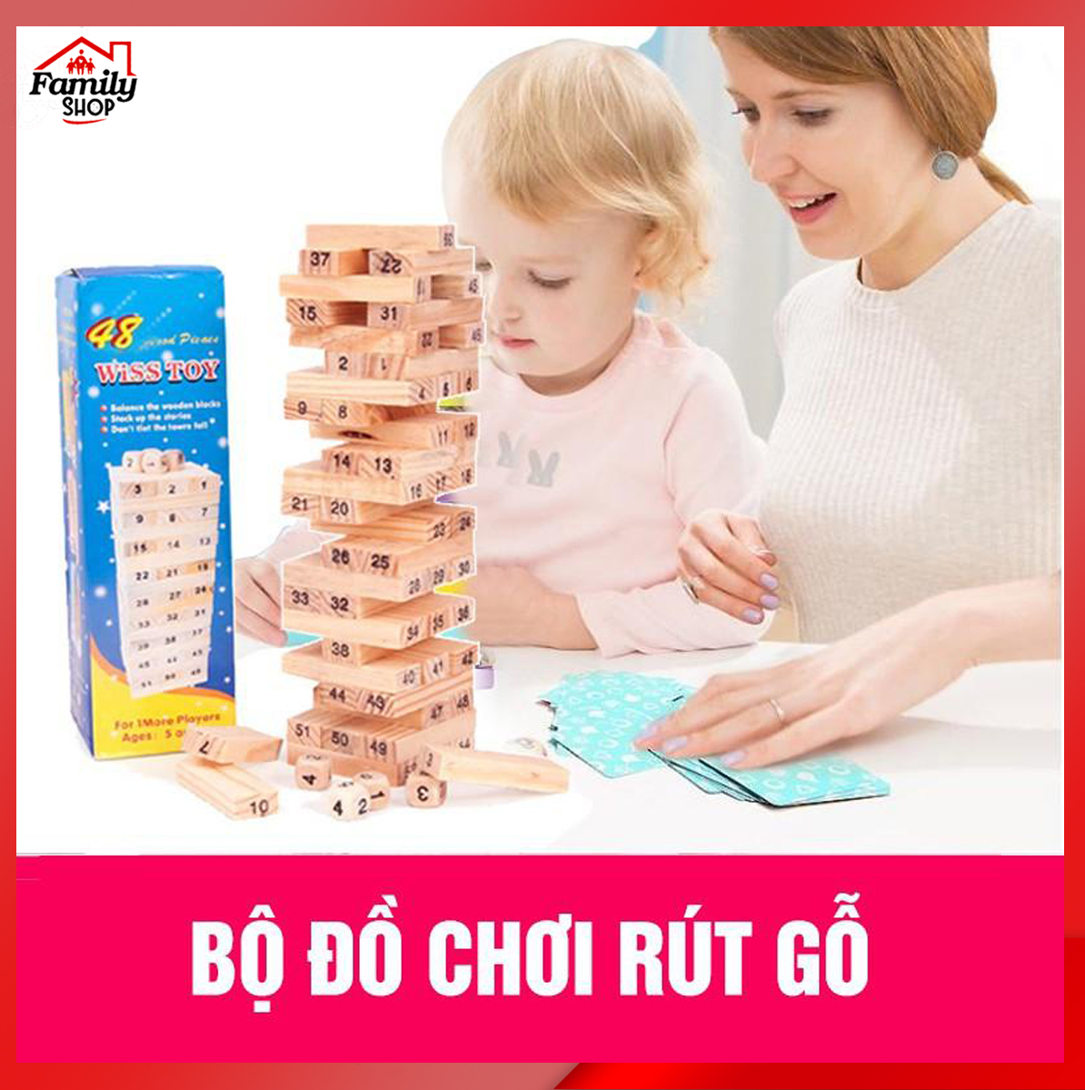 Đồ chơi rút gỗ- Đồ chơi phát triển trí tuệ gồm 54 thanh gỗ và 4 súc sắc làm từ gỗ sồi tự nhiên an toàn tuyệt đối với trẻ