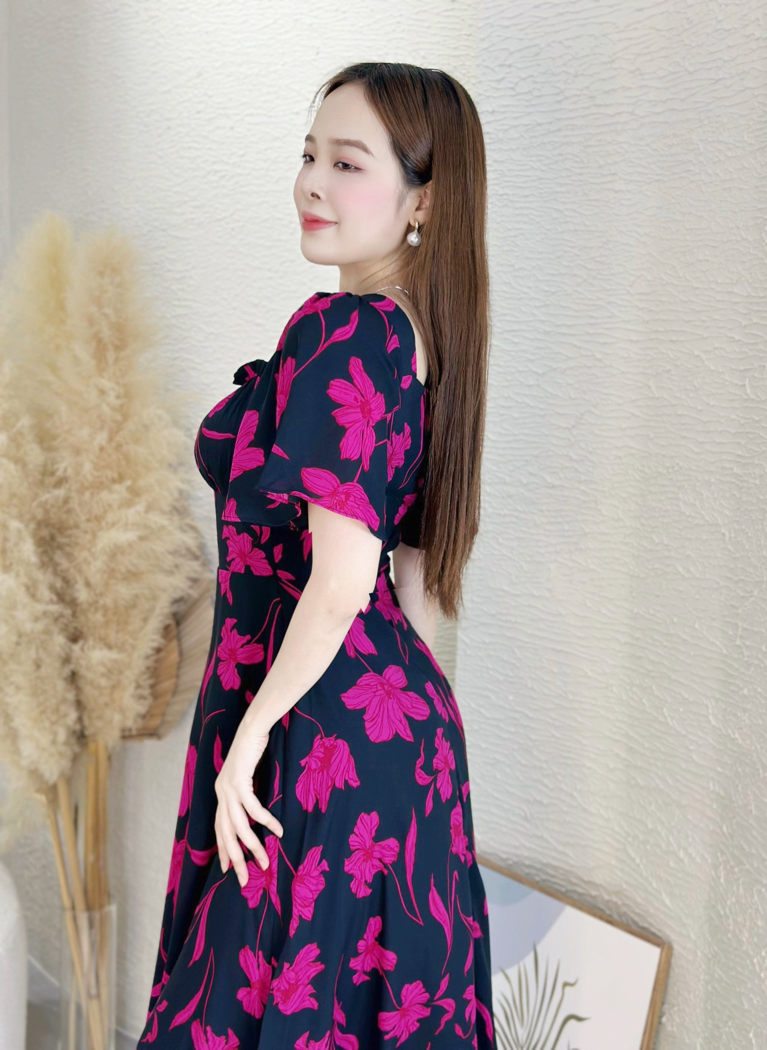 Đầm xòe hoa form dài cổ phối bèo tay loe Misa - MS0265