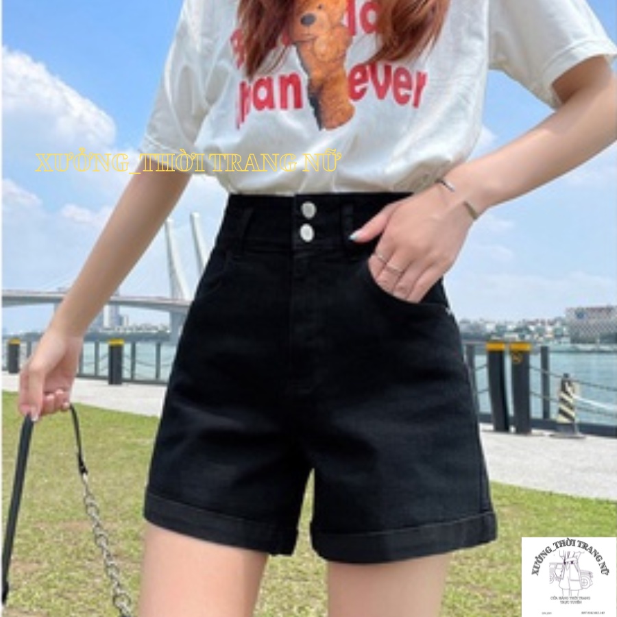 Quần short kaki hai nút lưng cao,lật lai