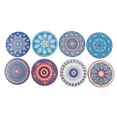 Coasters for Drinks, Set of 8 Absorbent Stone Coasters for Wooden Table, Mandala Ceramic Coasters with Cork Base