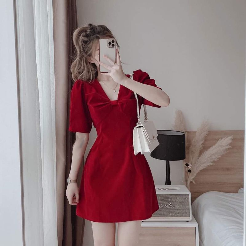 Đầm đỏ nhung chít cổ nơ xinh Nobe Dress