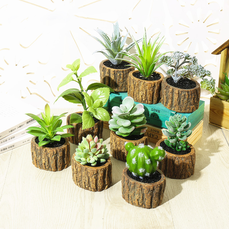 Cây giả - Chậu Sen đá chậu giả gỗ (cả cây và chậu)