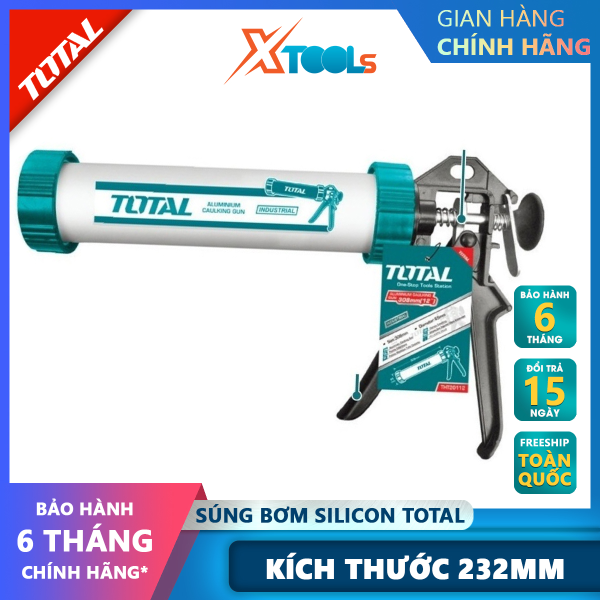 Súng bơm keo silicon TOTAL THT20109 | súng bơm silicon thân nhôm quy cách 9" , Trọng lượng 0.6kg bơm keo dán gỗ, giấy, vải, bìa carton