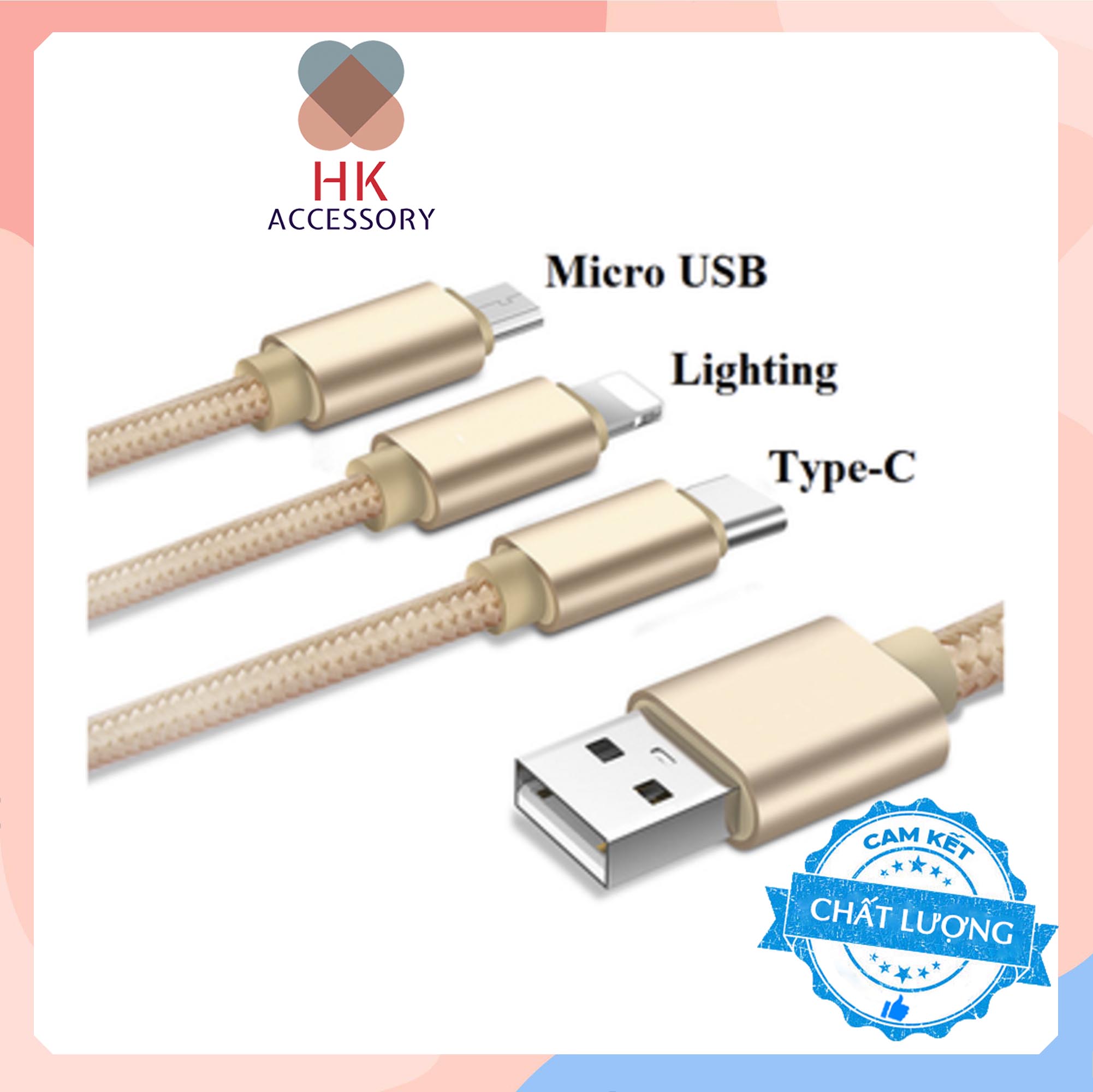 Cáp Sạc Đa năng 3 Đầu Bọc dù có 3 Cổng ra Lightning + Micro USB + Type C