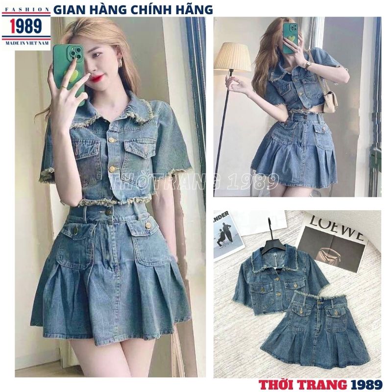 Sét áo jeans bò croptop kèm chân váy xếp ly -kiểu dáng hàn quốc , chấn váy bò cạp cao xòe bồng xếp lý , chân váy bò lưng cao , chấn váy tenis , sét bộ đi chơi, áo jeans bò , áo bò , áo bò croptop -thời trang 1989