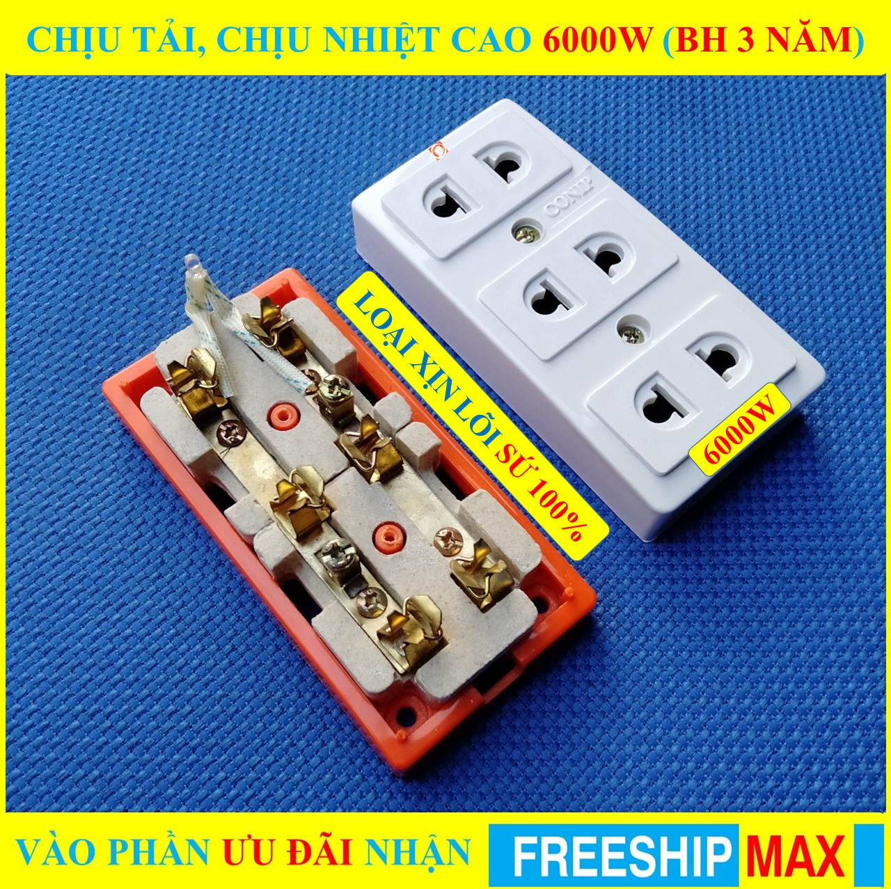 Ổ cắm điện chịu tải cao đa năng 6000W/8500W (BH 3 NĂM) có màng che an toàn + Ổ cắm đa năng SỨ 100% chịu tải, chịu nhiệt cao + Đèn LED báo (bộ 1 sản phẩm)