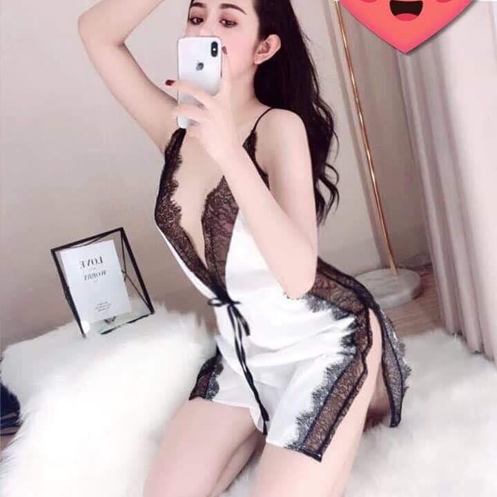 [HCM]Đầm ngủ phi lụa hai dây phối ren xẻ tà hở lưng gợi cảm (màu trắng viền ren đen) BT4