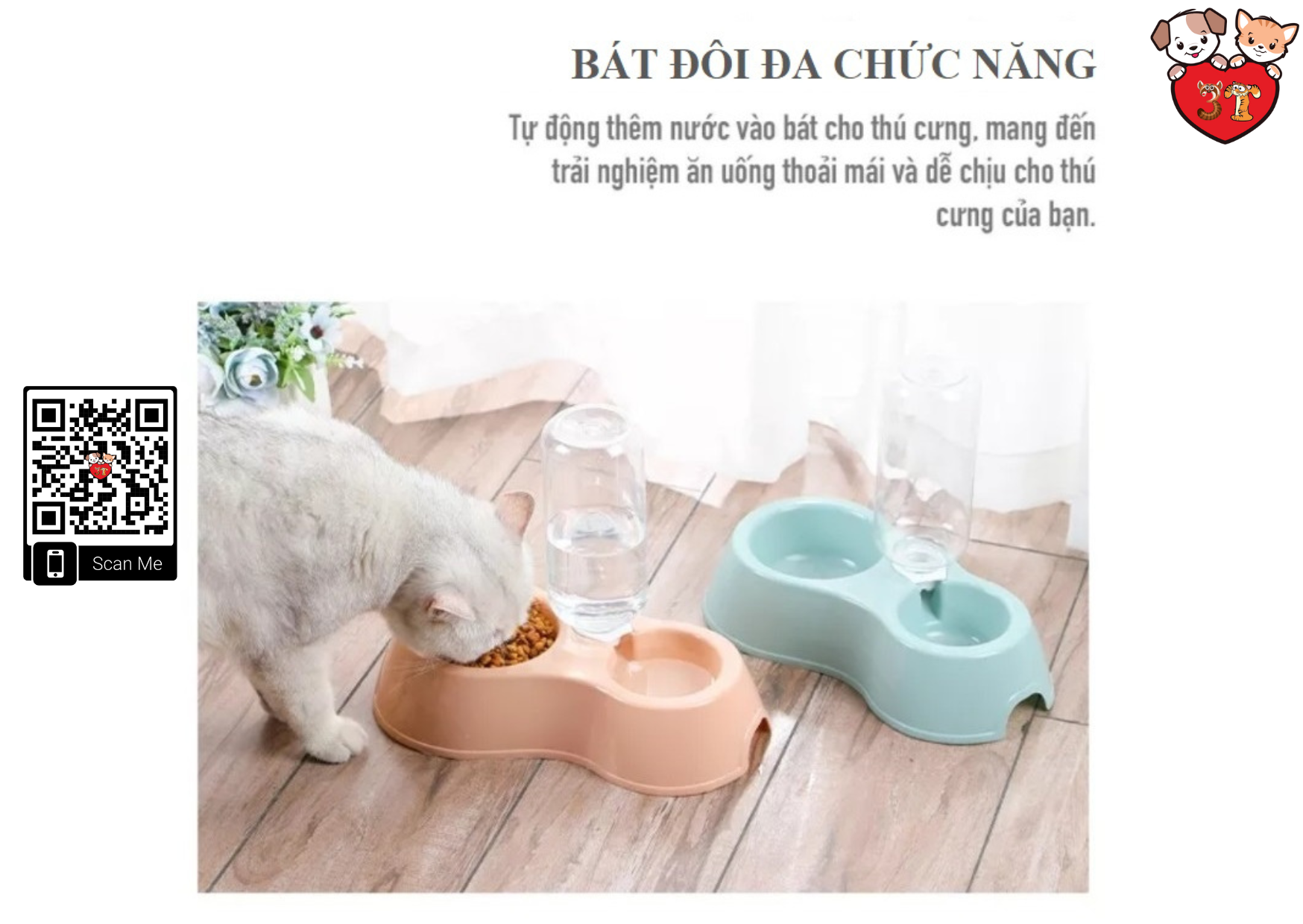 Bát ăn 2 ngăn có bình nước tự động dành cho chó mèo
