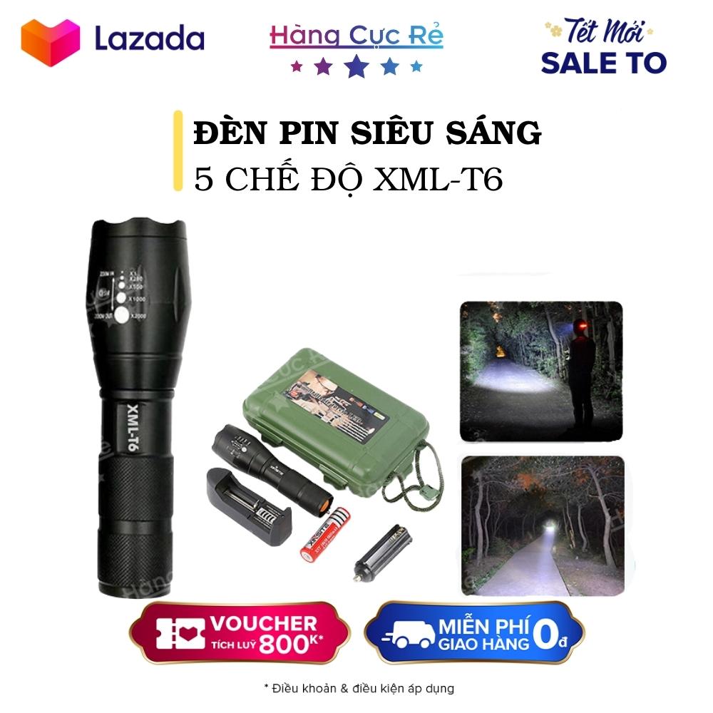 Đèn pin cầm tay mini T6, led siêu sáng siêu xa trăm mét, có 5 chế độ, chống nước - Trọn bộ gồm 1 đèn bin mini, 1 pin sạc 18650, 1 bộ sạc điện, 1 dụng cụ xài pin tiểu 3A AAA, 1 đồ bảo vệ pin, 1 hộp đựng - Shop Hàng Cực Rẻ