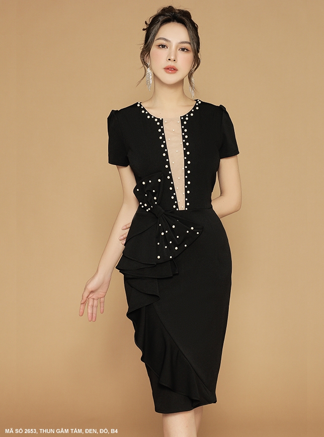MYDU SHOP | MS 2653 – Đầm Thun Dự Tiệc Nơ Eo Kết Ngọc Thanh Lịch