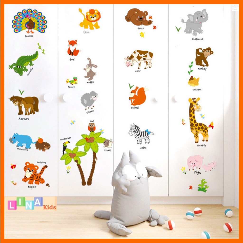 Decal dán tường vườn thú tiếng Anh (mẫu cây cọ to) - LINA Kids