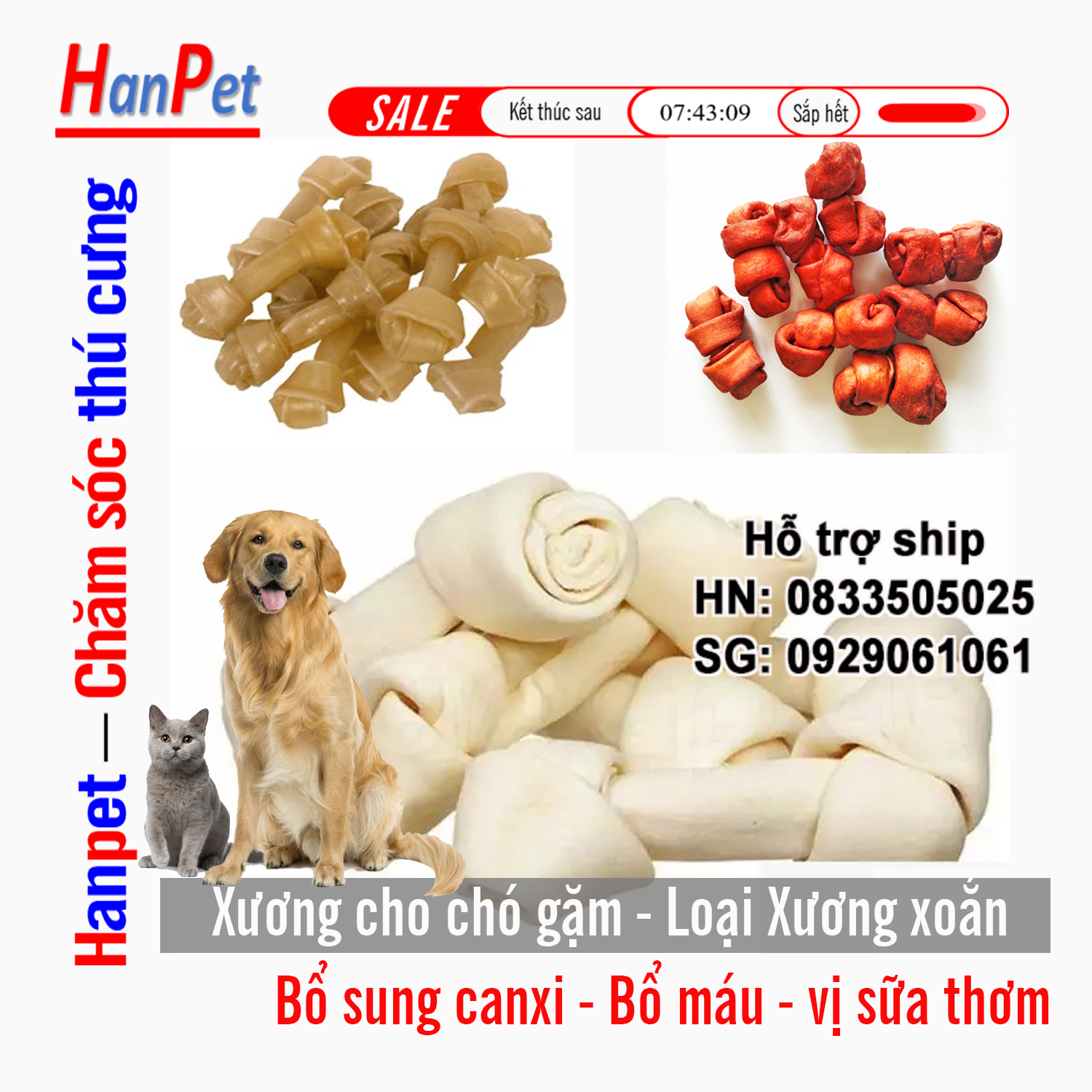 Hanpet - Bộ Xương xoắn cho chó gặm - dài 5cm ( 368)- bổ sung canxi bổ máu làm sạch răng miệng