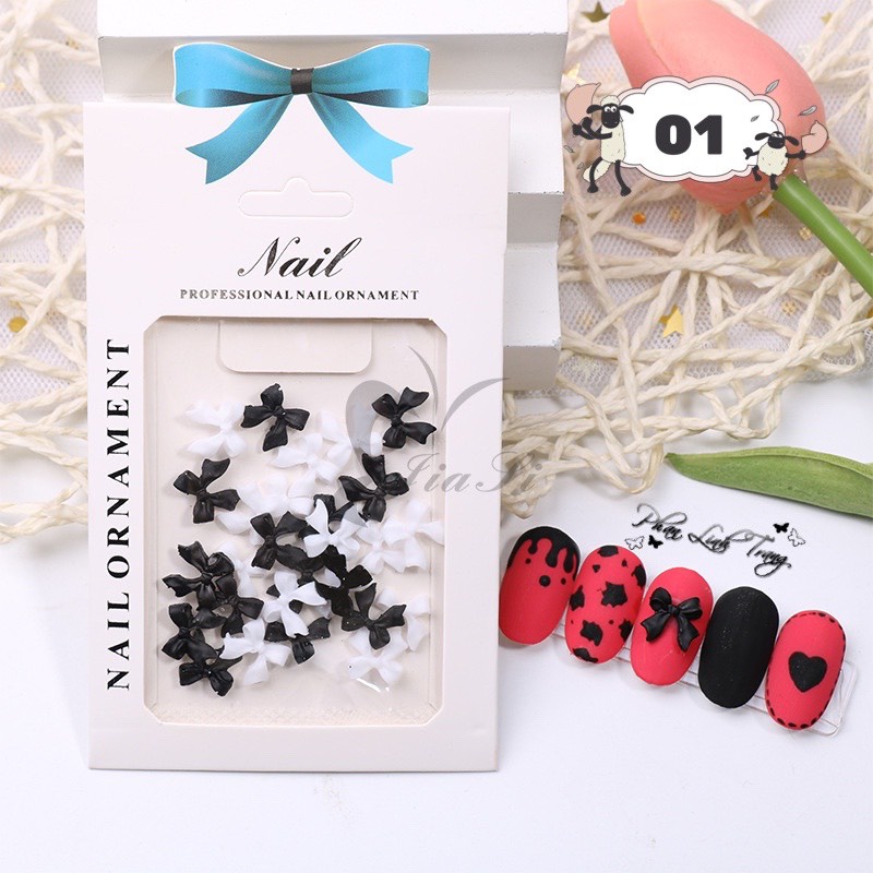 Set charm nơ trắng đen trang trí móng MOON NAIL