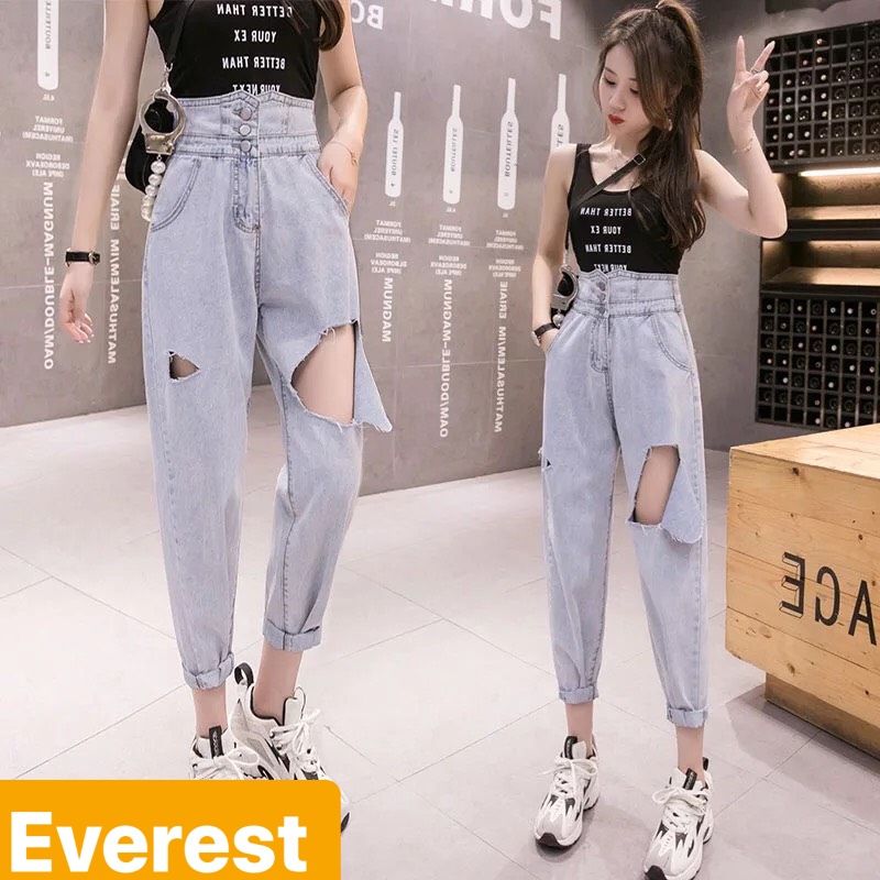 QUẦN JEAN BAGGY NỮ CHẤT BÒ XANH RÁCH ĐÙI 3 CÚC HÀN QUỐC ULZZANG LƯNG CAO NÂNG MÔNG EV-036 - EVEREST FASHION