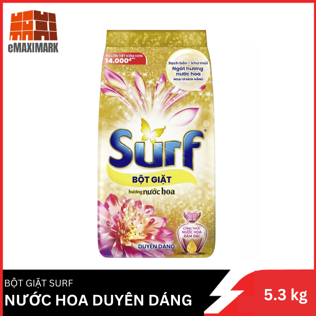 [HCM ship 2h] Bột Giặt Surf Hương Nước Hoa Duyên Dáng (Vàng) Gói Lớn 5.3KG