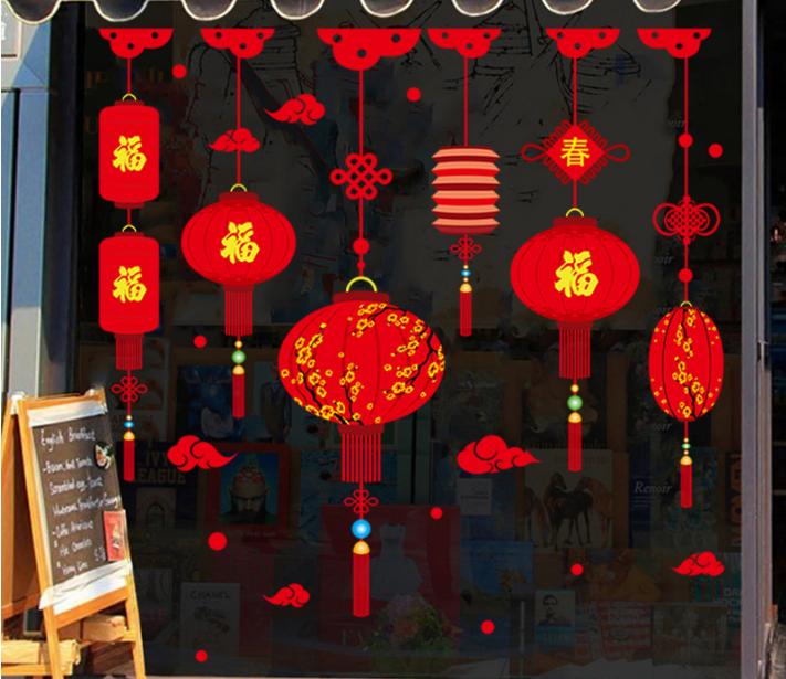 [HCM]Decal trang trí Tết - Lồng đèn hoa sắc đỏ