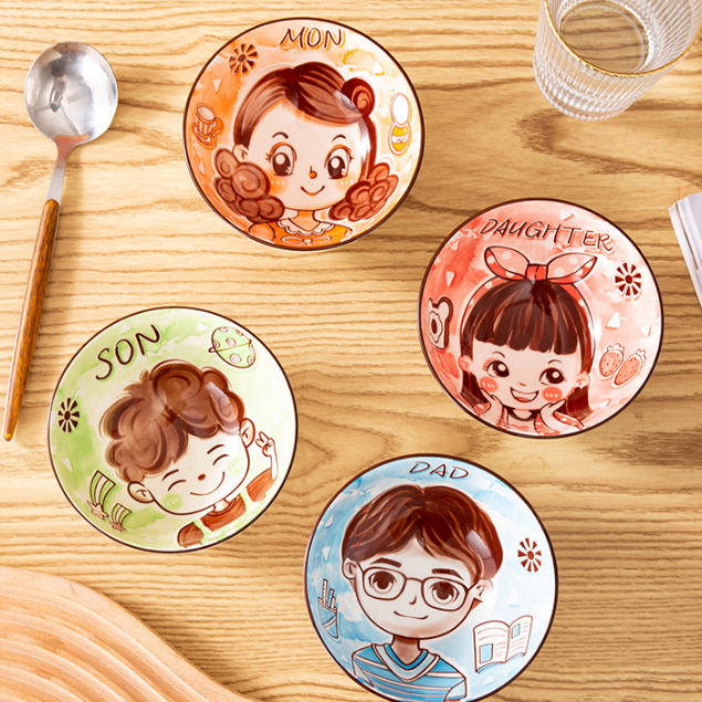 Set 4 chén sứ họa tiết gia đình siêu dễ thương - bát sứ ăn cơm vân tổ ong tráng men cao cấp - chén dad mom son daughter