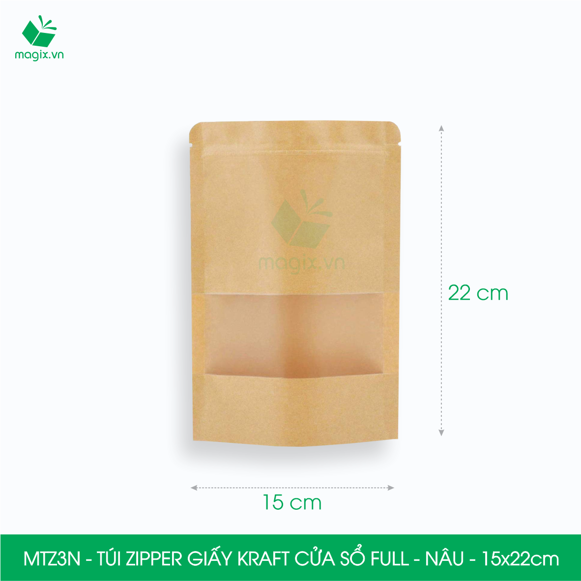 Mtz3n - 22x15cm - combo 50 túi zipper giấy kraft nâu đáy đứng có cửa sổ