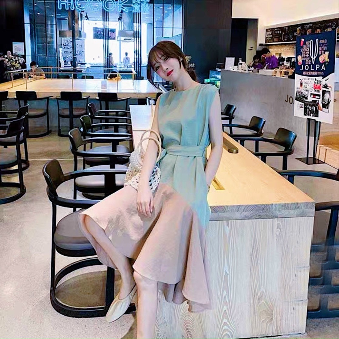 Đầm maxi đi biển mint đuôi cá phối kem