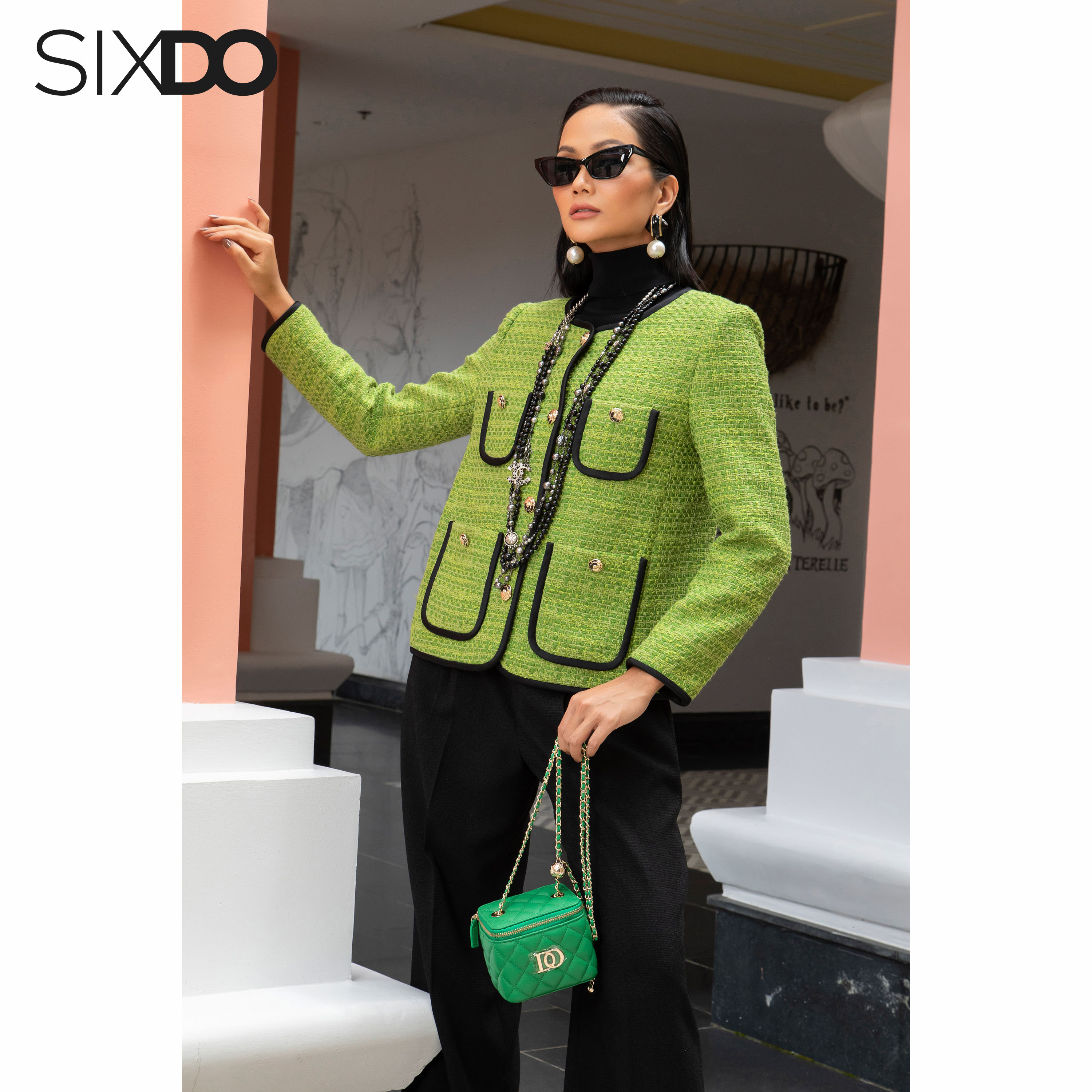 Áo Vest dạ tweed xanh cổ tròn SIXDO (Green Nuggets Tweed Vest)