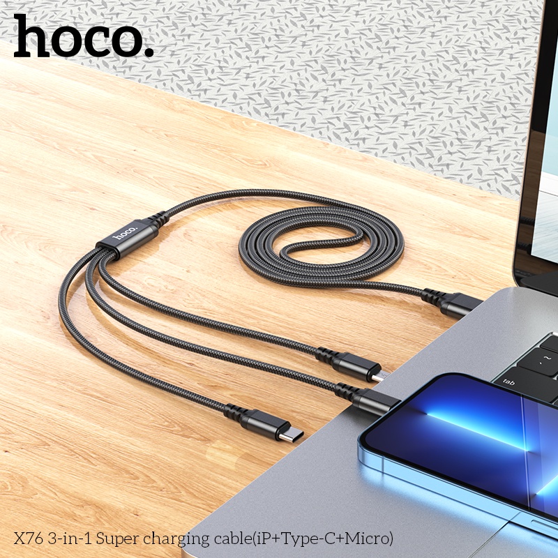 Dây cáp sạc 3 đầu Hoco X76 IP/Micro/TypeC dài 1m bọc dù dòng 2A