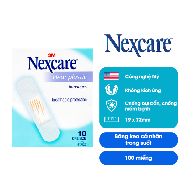 Băng keo cá nhân Nexcare 3M 19x72mm 100 miếng/hộp - Trong suốt, keo y tế siêu dính tinh khiết, co dãn tốt, thông thoáng, không gây kích ứng, an toàn cho da CLEARS10
