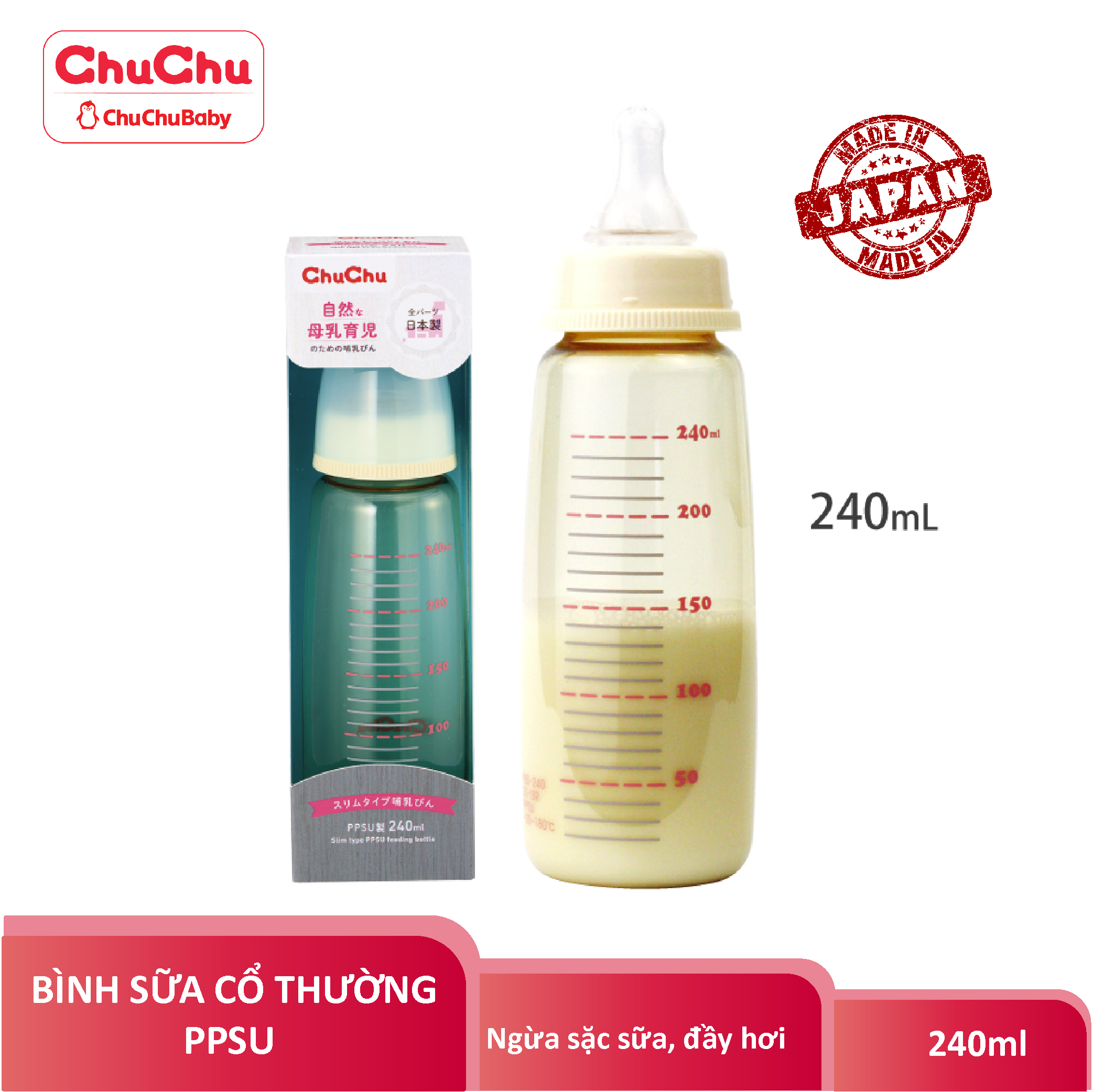 Combo : Bình Sữa PPSU 240ml  + 3 Núm ty Silicon Siêu Mềm Chuchu Baby