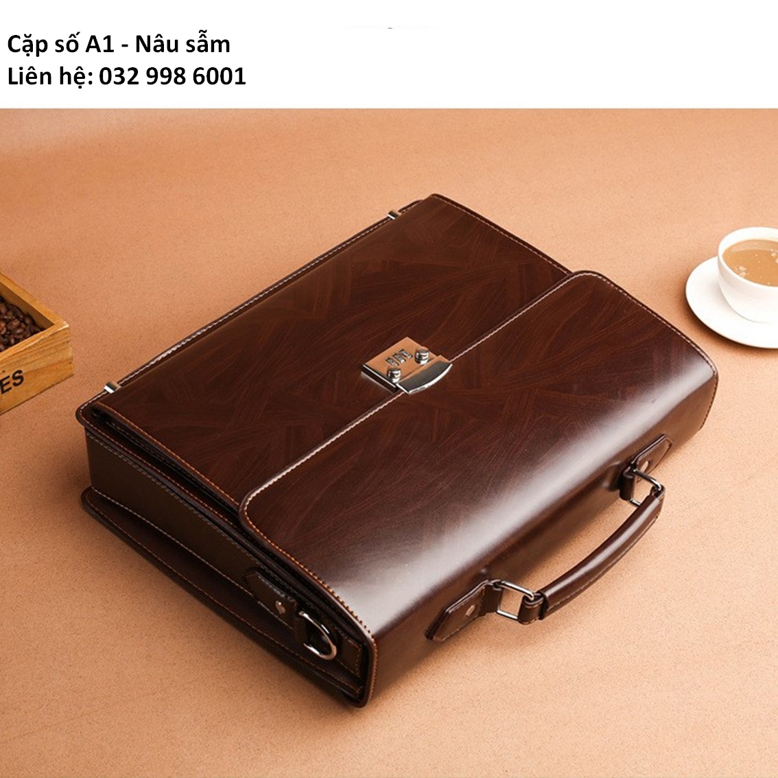 Cặp da khóa số công sở đựng laptop mã A 38x29x9cm (Nâu sáng - Nâu đậm)