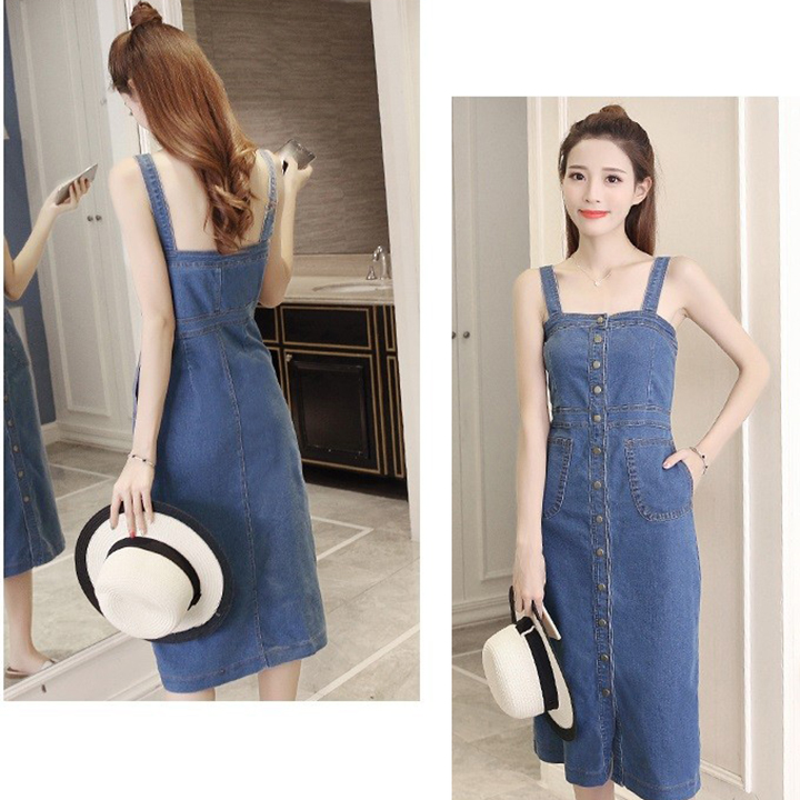 [HCM]Đầm Yếm Jean Nữ Form Dài Nút Cài Dọc