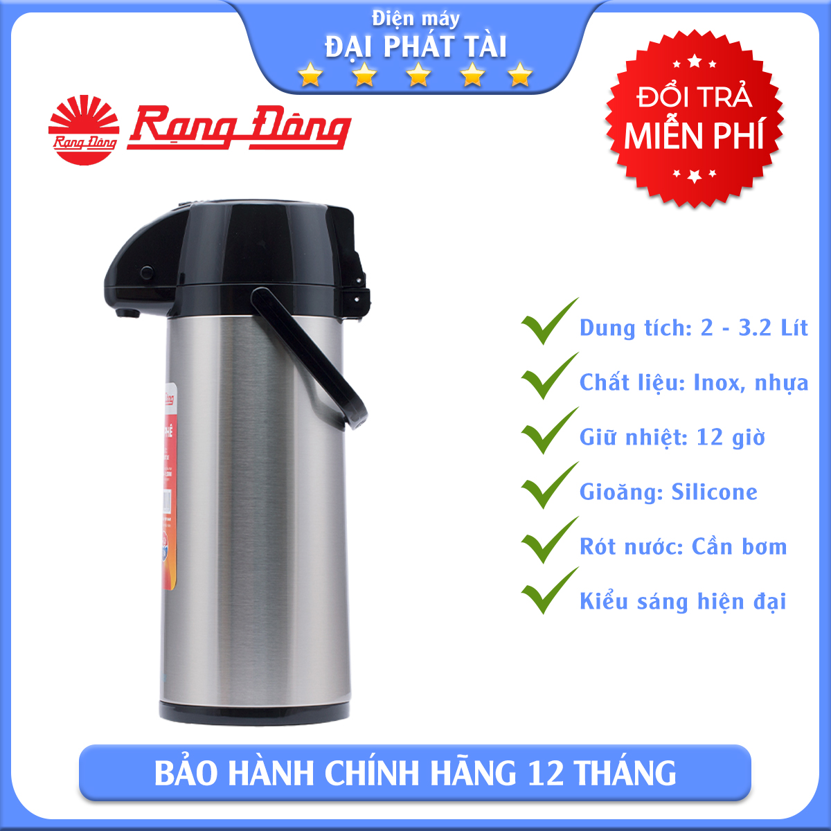 Phích Bơm nước nóng Inox Rạng Đông từ 2 lít đến 3,2 lít