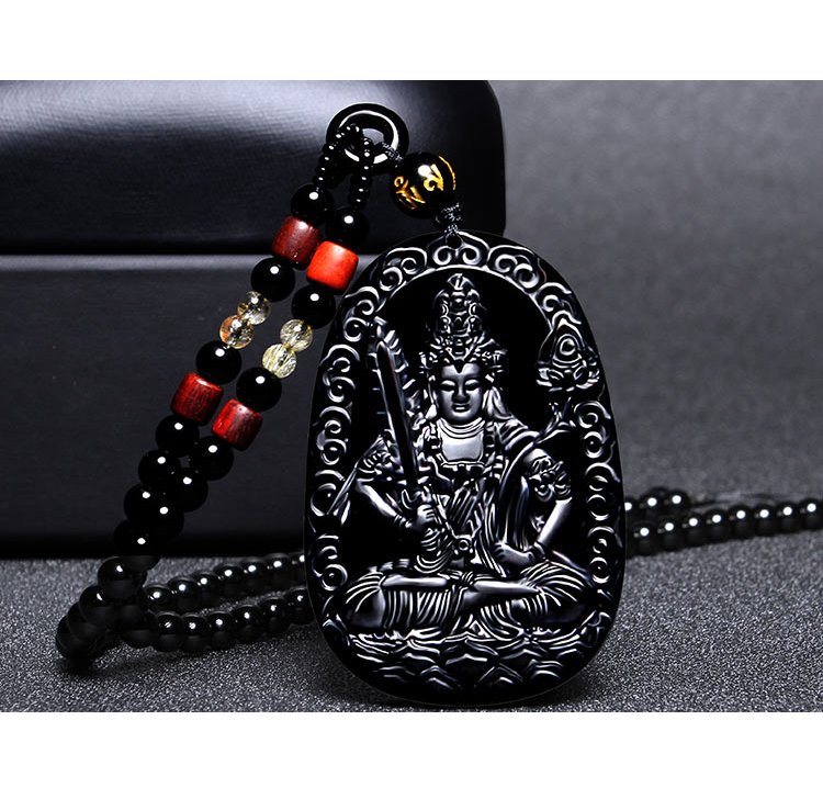 Mặt dây chuyền phong thủy - Mặt dây chuyền đá tự nhiên phật Hư Không Tạng Bồ Tát (Đá obsidian)