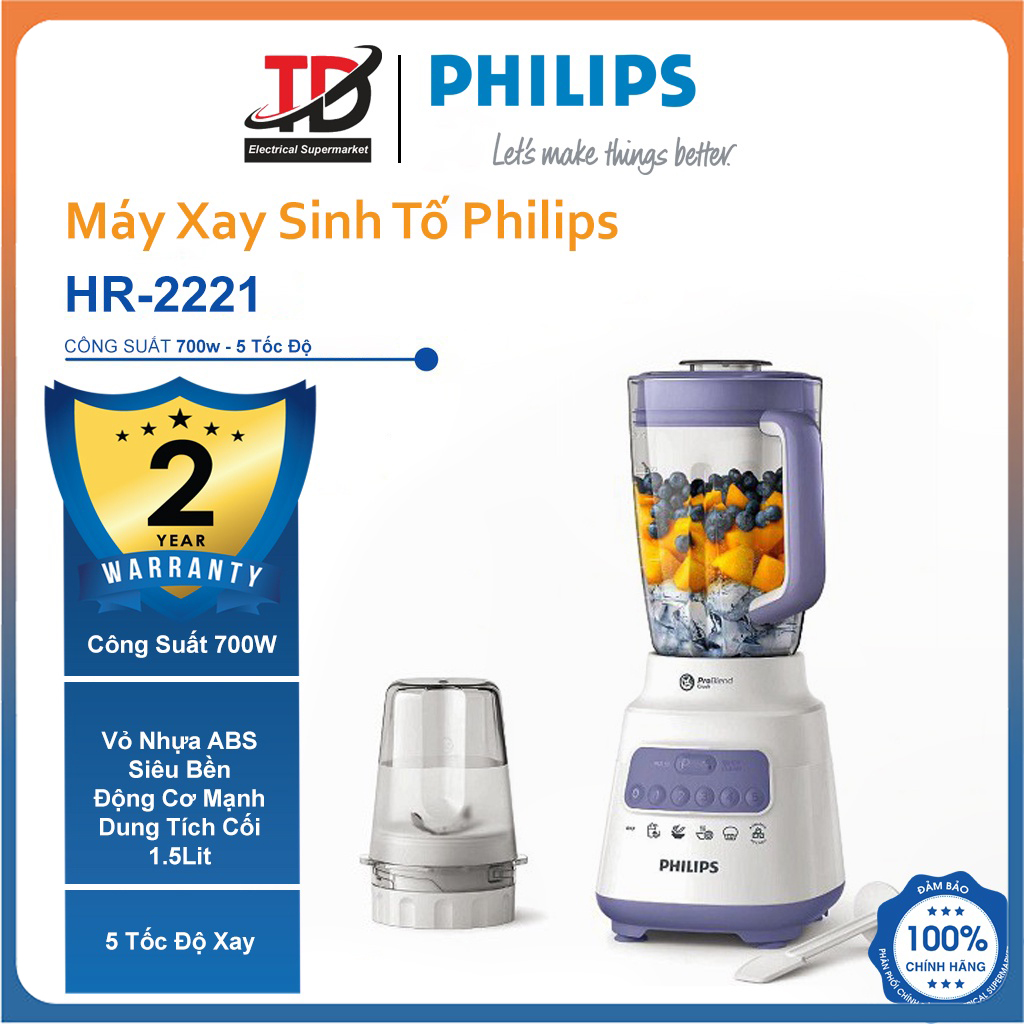 Máy Xay Sinh Tố Philips HR2221, Công suất 700W Xay Đá Xay Hạt - Bảo Hành Chính Hãng 2 Năm