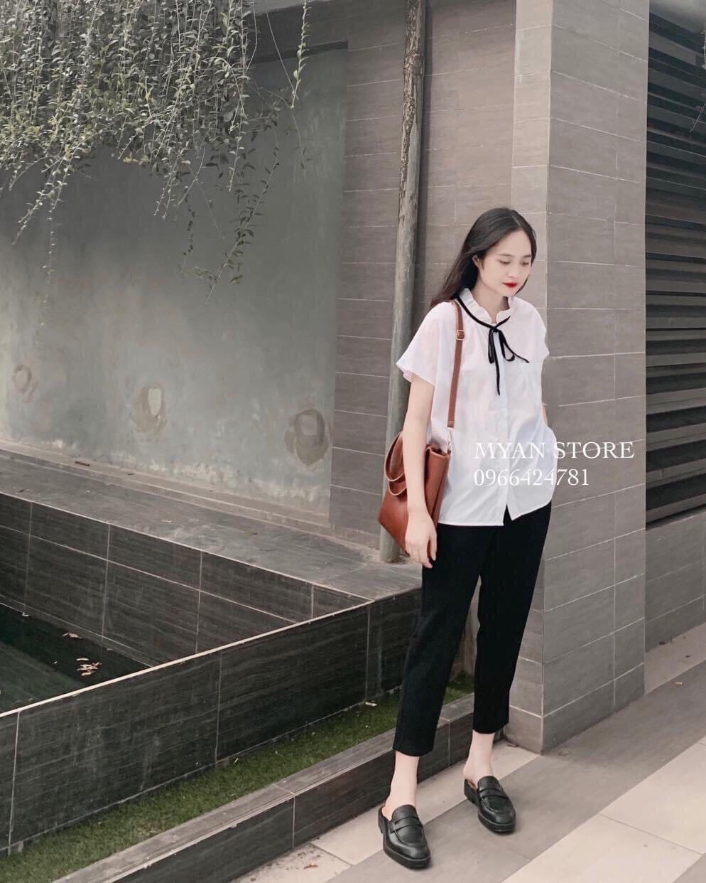 Áo sơ mi trắng cổ bèo nơ siêu xinh