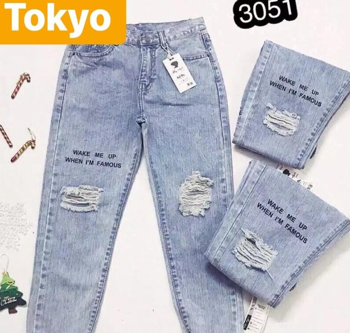 QUẦN BAGGY JEAN CHẤT BÒ NỮ XANH IN CHỮ NÂNG MÔNG TAKESHI T-3051 CAO CẤP - TOKYO FASHION
