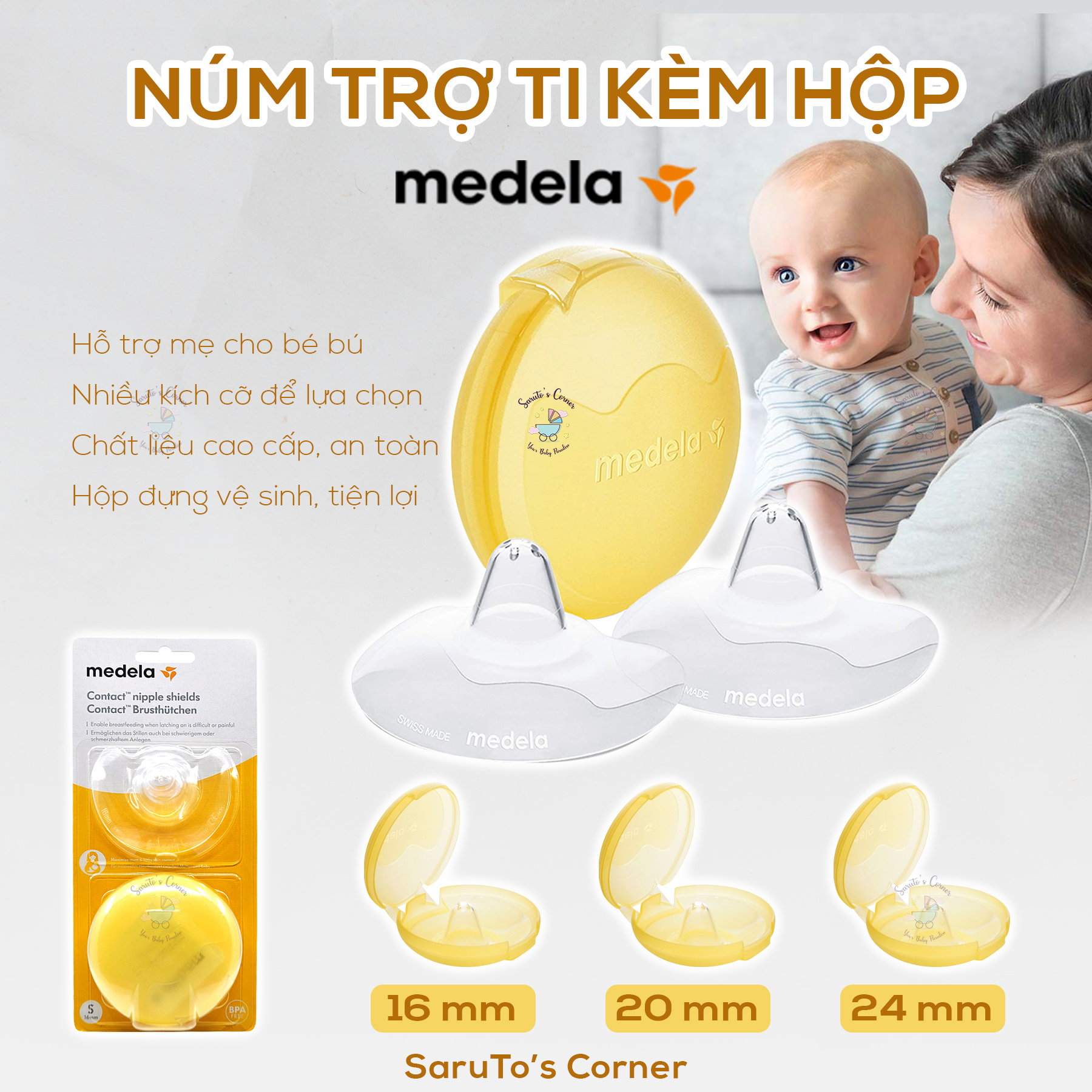 [Nhập RS0822 giảm 30k cho đơn 99k]Núm trợ ti Medela nhiều kích cỡ (2 núm + kèm hộp đựng)