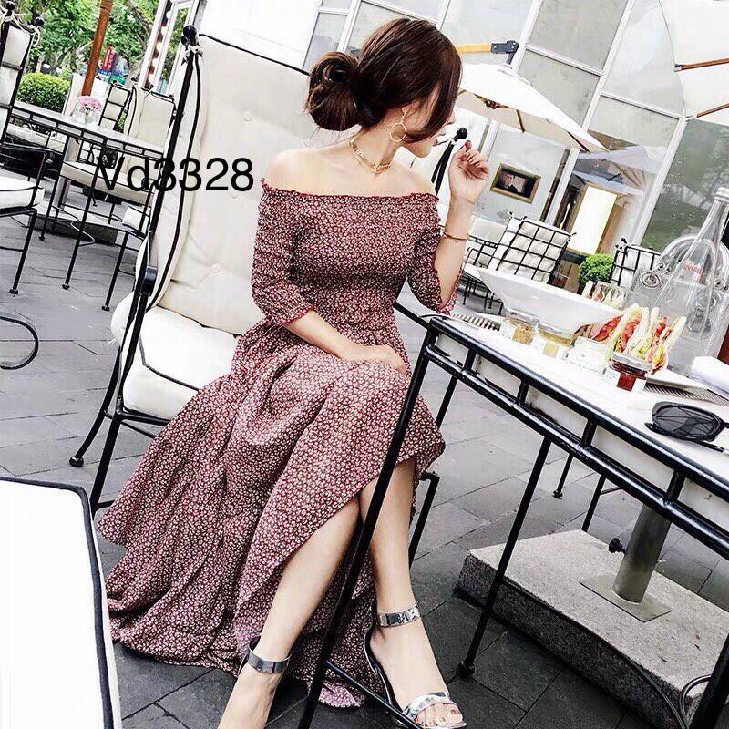 Đầm maxi trễ vai hoa nhí vải lụa-BS